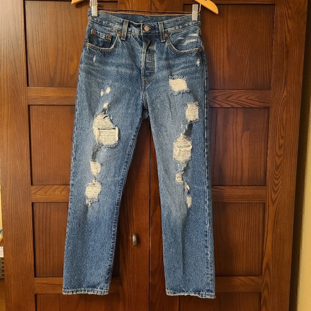 Levis 501 Button Fly Dark Indigo Distressed Size 25 x 26